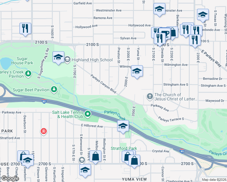 map of restaurants, bars, coffee shops, grocery stores, and more near 2636 Preston Street in Salt Lake City