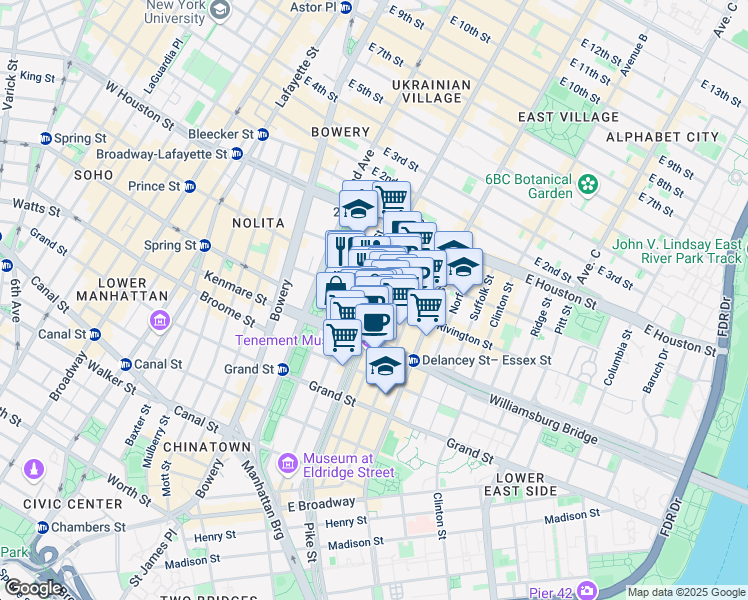 map of restaurants, bars, coffee shops, grocery stores, and more near Allen St & Rivington St in New York