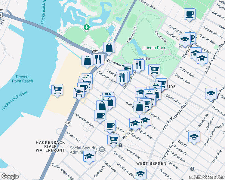 map of restaurants, bars, coffee shops, grocery stores, and more near 12 Miller Street in Jersey City