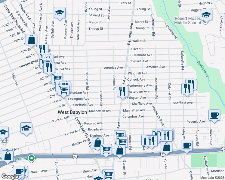 map of restaurants, bars, coffee shops, grocery stores, and more near 171 Amsterdam Avenue in West Babylon