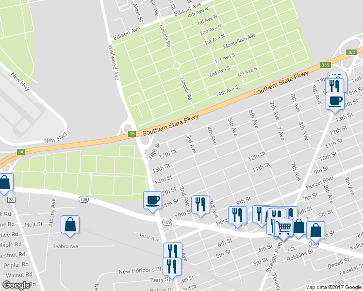 map of restaurants, bars, coffee shops, grocery stores, and more near 539 17th Street in West Babylon