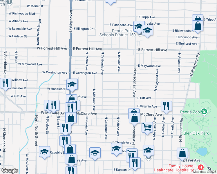 map of restaurants, bars, coffee shops, grocery stores, and more near 521 East Seneca Place in Peoria