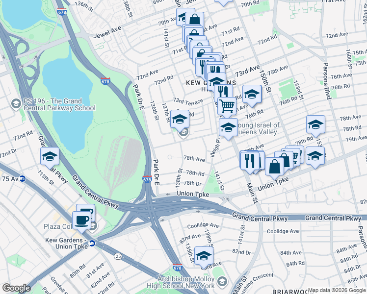 map of restaurants, bars, coffee shops, grocery stores, and more near 138-24 77th Avenue in Queens