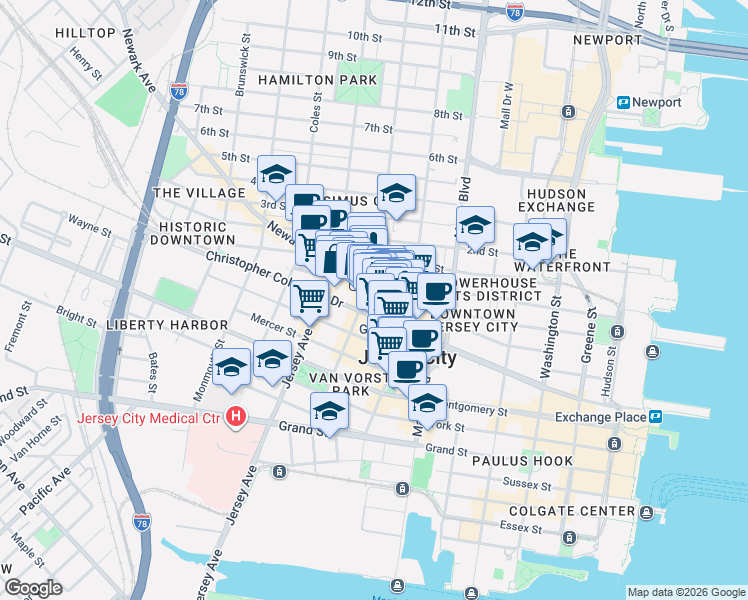 map of restaurants, bars, coffee shops, grocery stores, and more near 155 Newark Avenue in Jersey City