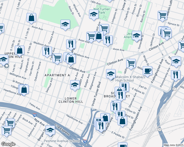 map of restaurants, bars, coffee shops, grocery stores, and more near 107 West Alpine Street in Newark