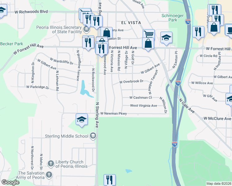 map of restaurants, bars, coffee shops, grocery stores, and more near 2708 North Victoria Avenue in Peoria