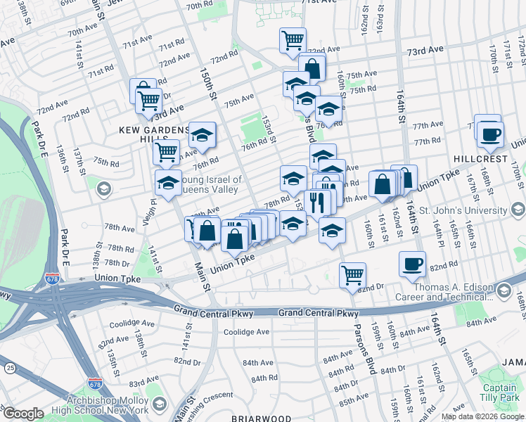 map of restaurants, bars, coffee shops, grocery stores, and more near 150-02 78th Road in Queens