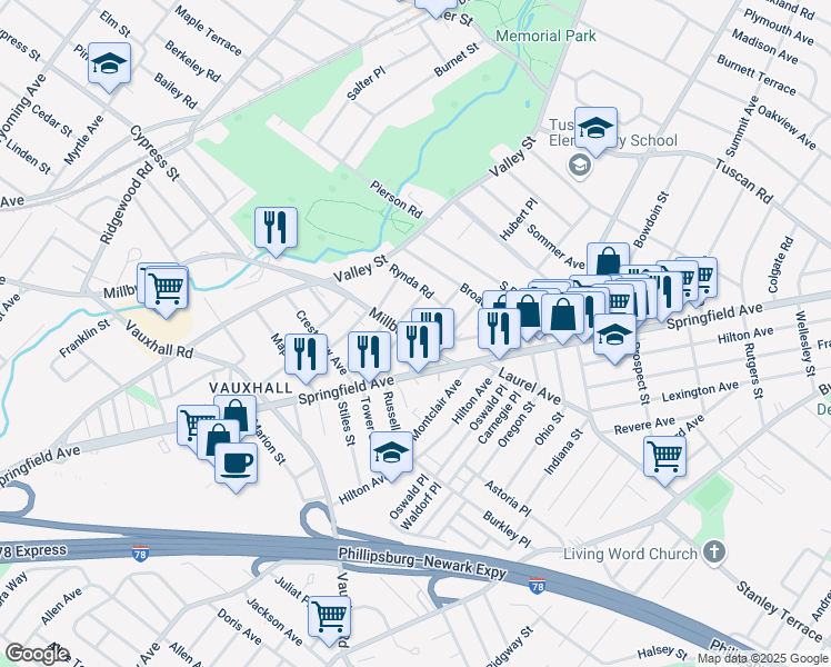 map of restaurants, bars, coffee shops, grocery stores, and more near 5 Manley Terrace in Maplewood