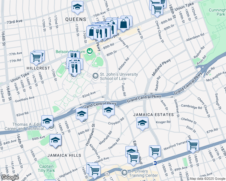 map of restaurants, bars, coffee shops, grocery stores, and more near 31 Edgerton Road in Queens