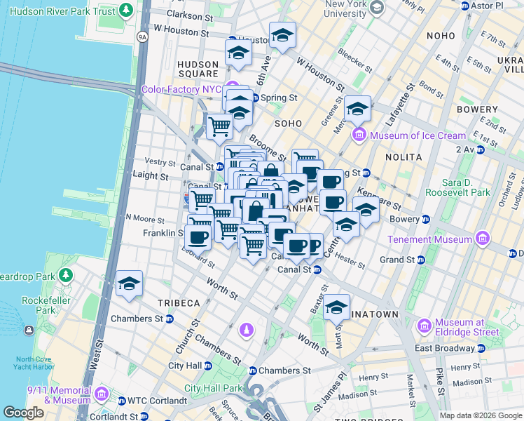 map of restaurants, bars, coffee shops, grocery stores, and more near Canal Street in New York
