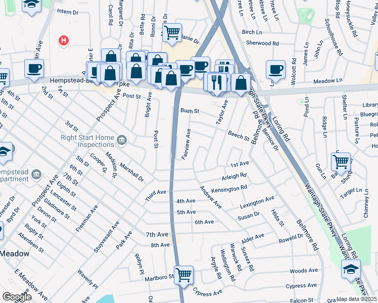 map of restaurants, bars, coffee shops, grocery stores, and more near 139 Fairview Avenue in East Meadow