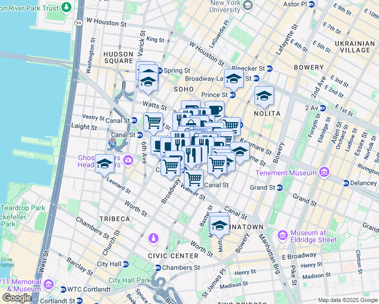 map of restaurants, bars, coffee shops, grocery stores, and more near in New York