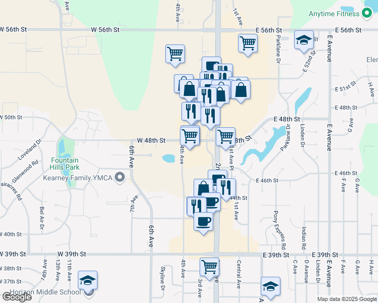 map of restaurants, bars, coffee shops, grocery stores, and more near 4700 2nd Avenue in Kearney