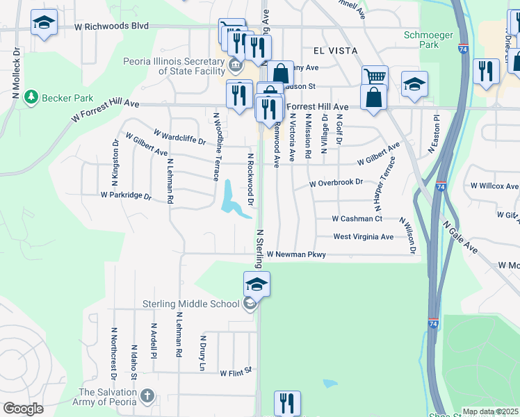 map of restaurants, bars, coffee shops, grocery stores, and more near 2601 North Rockwood Drive in Peoria