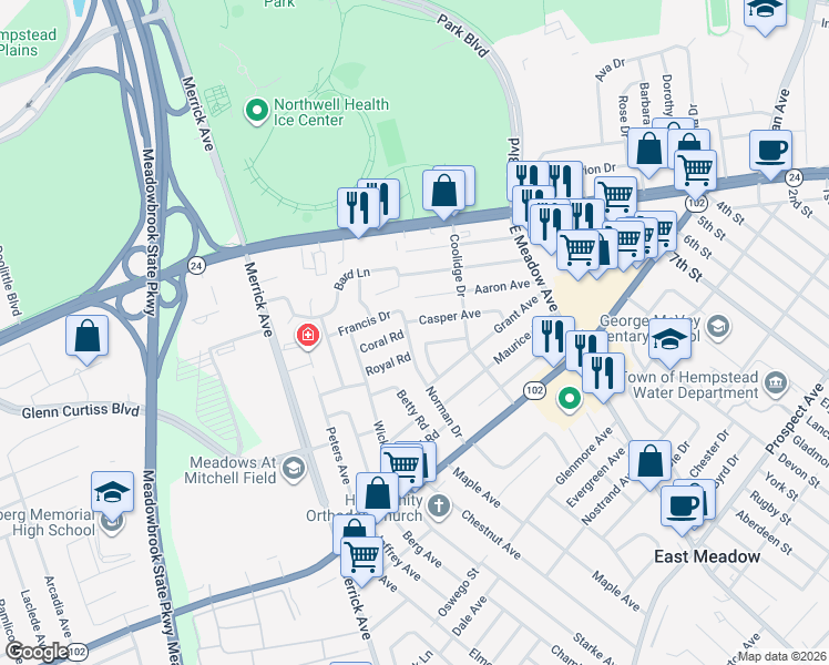 map of restaurants, bars, coffee shops, grocery stores, and more near 107 Norman Drive in East Meadow
