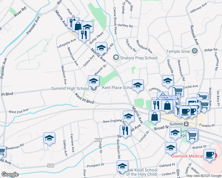 map of restaurants, bars, coffee shops, grocery stores, and more near 23 Edgar Street in Summit
