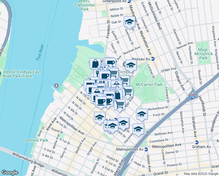 map of restaurants, bars, coffee shops, grocery stores, and more near 111 North 10th Street in Brooklyn