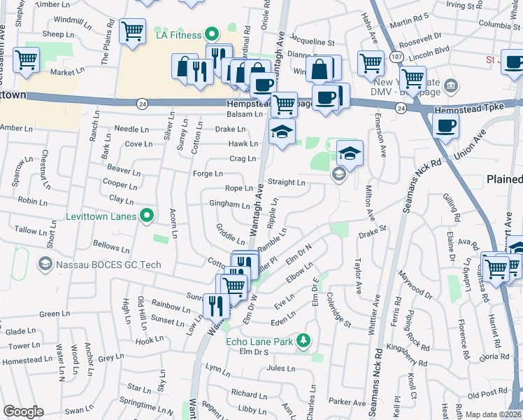 map of restaurants, bars, coffee shops, grocery stores, and more near 89 Wantagh Avenue in Levittown