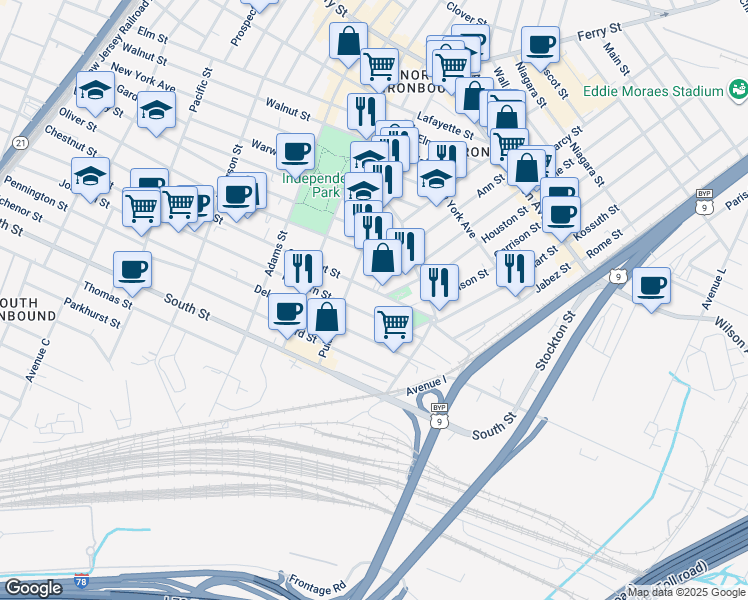map of restaurants, bars, coffee shops, grocery stores, and more near 407 Chestnut Street in Newark