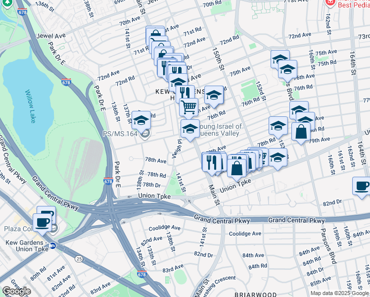map of restaurants, bars, coffee shops, grocery stores, and more near 141-25 Vleigh Place in Queens