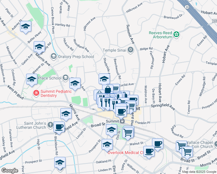 map of restaurants, bars, coffee shops, grocery stores, and more near 45 Woodland Avenue in Summit