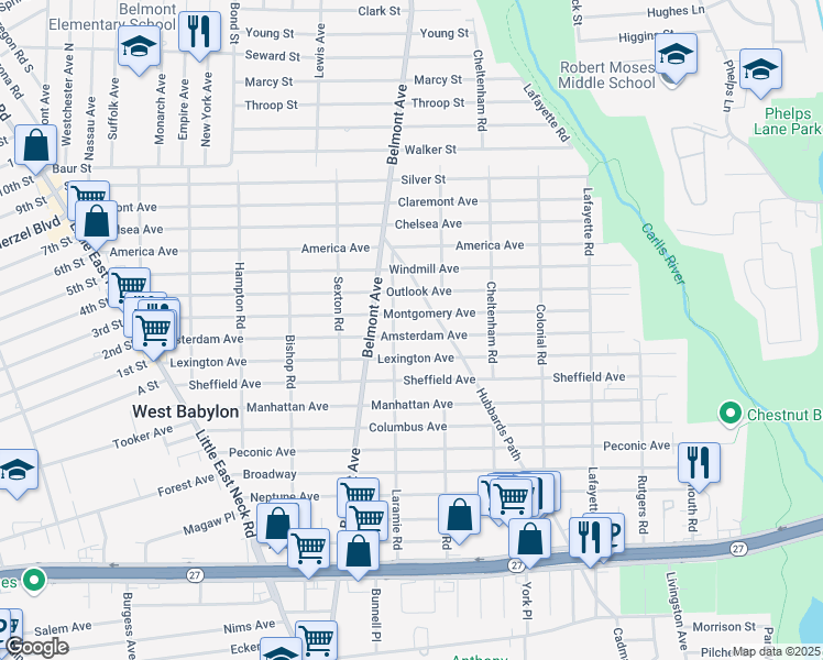map of restaurants, bars, coffee shops, grocery stores, and more near 241 Amsterdam Avenue in West Babylon