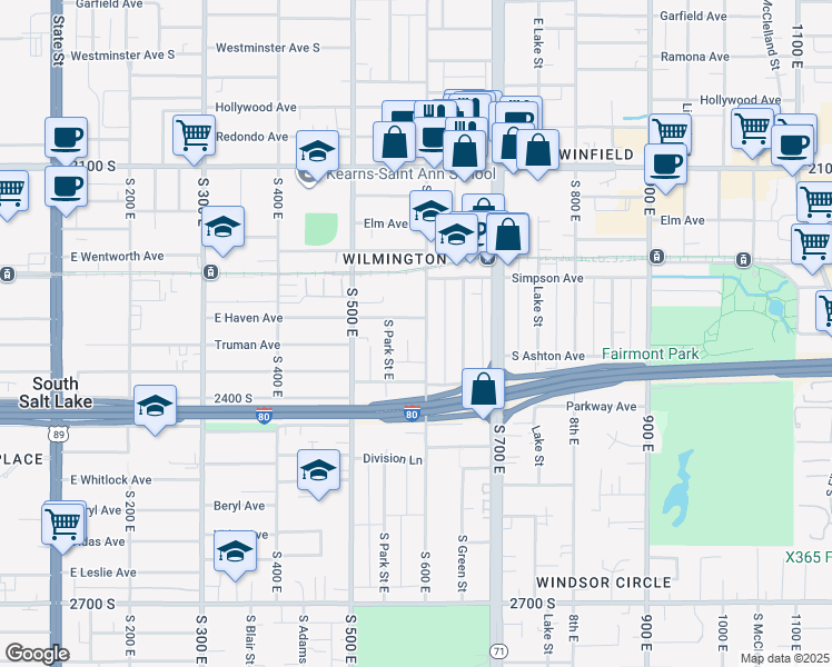map of restaurants, bars, coffee shops, grocery stores, and more near 2316 South 600 East in Salt Lake City