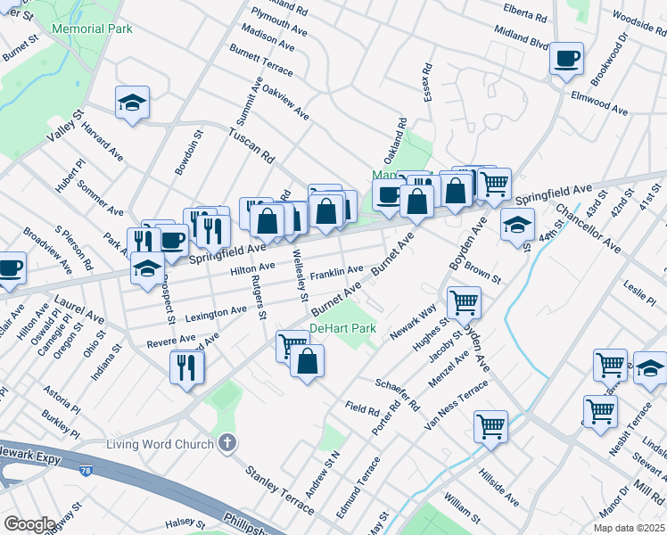 map of restaurants, bars, coffee shops, grocery stores, and more near 52 Franklin Ave in Maplewood