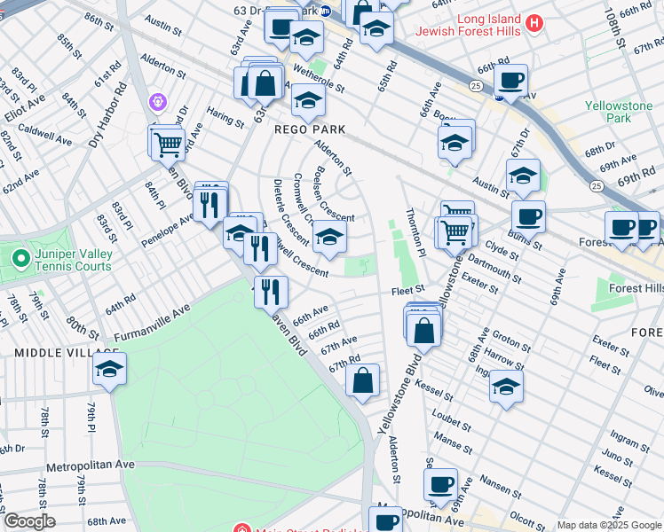 map of restaurants, bars, coffee shops, grocery stores, and more near 65-10 Dieterle Crescent in Queens