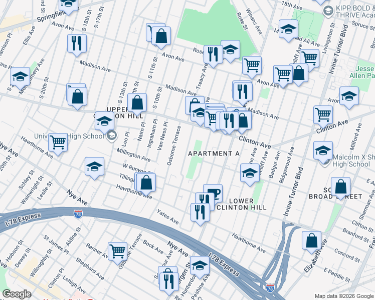 map of restaurants, bars, coffee shops, grocery stores, and more near 534-544 Clinton Avenue in Newark