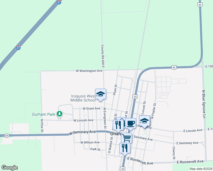 map of restaurants, bars, coffee shops, grocery stores, and more near 410 North Evergreen Street in Onarga