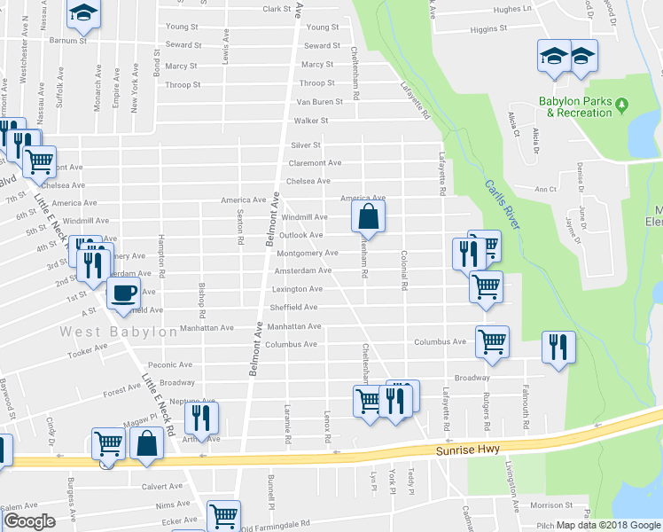 map of restaurants, bars, coffee shops, grocery stores, and more near 271 Amsterdam Avenue in West Babylon