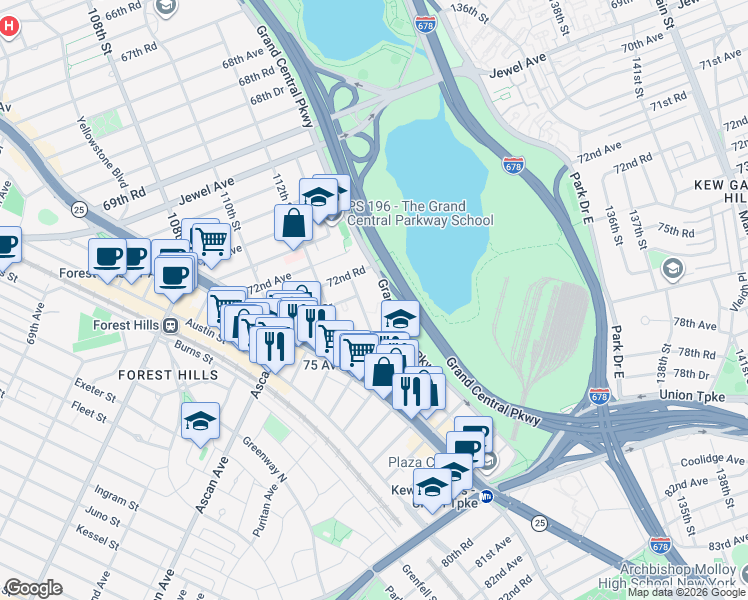 map of restaurants, bars, coffee shops, grocery stores, and more near 72-61 113th Street in Queens