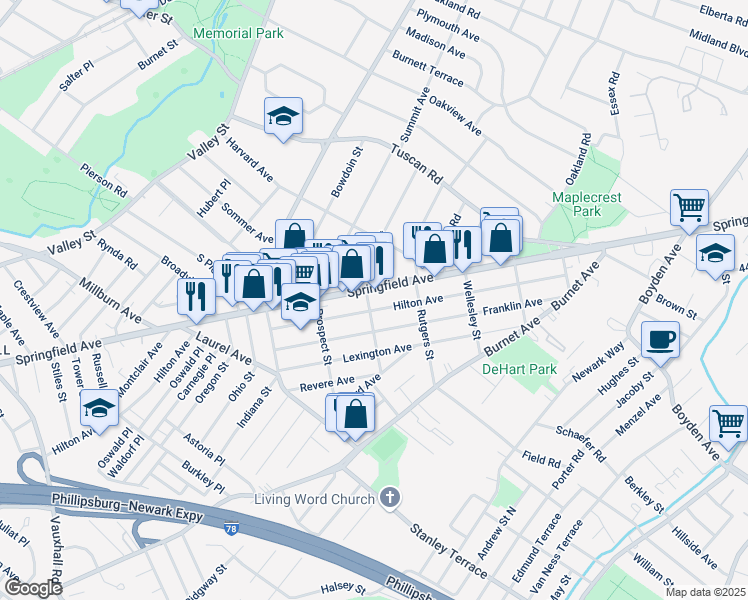 map of restaurants, bars, coffee shops, grocery stores, and more near 10 Princeton Street in Maplewood