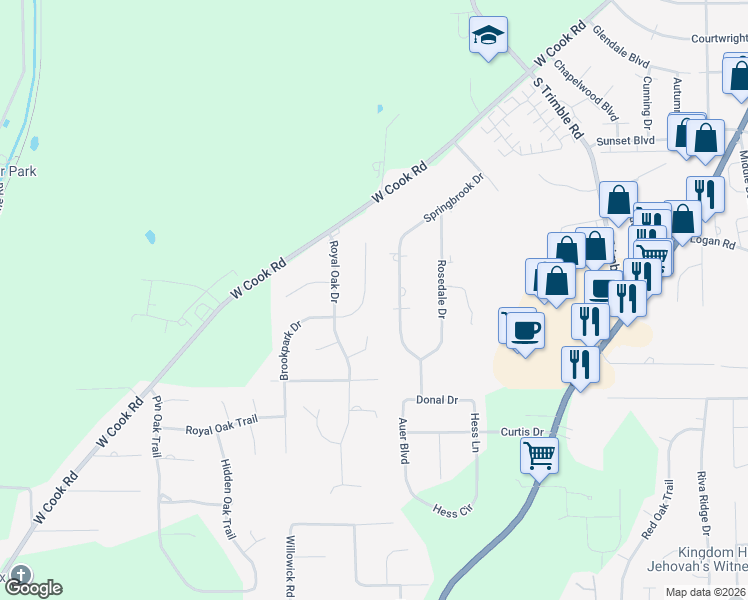 map of restaurants, bars, coffee shops, grocery stores, and more near 1409 Brookpark Drive in Mansfield