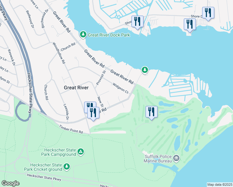 map of restaurants, bars, coffee shops, grocery stores, and more near 115 River Road in Great River