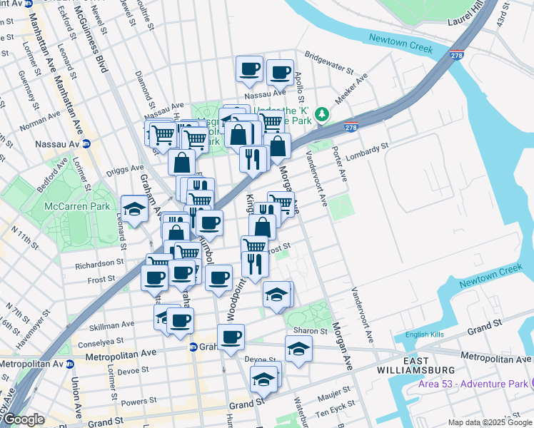 map of restaurants, bars, coffee shops, grocery stores, and more near 24 Division Place in Brooklyn