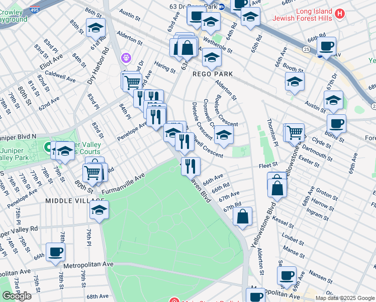map of restaurants, bars, coffee shops, grocery stores, and more near 85-19 65th Avenue in Queens