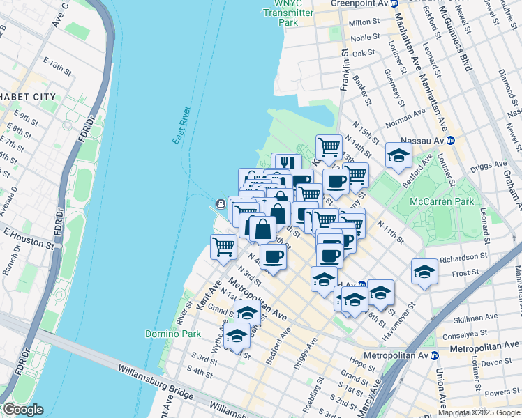 map of restaurants, bars, coffee shops, grocery stores, and more near 52 North 7th Street in Brooklyn