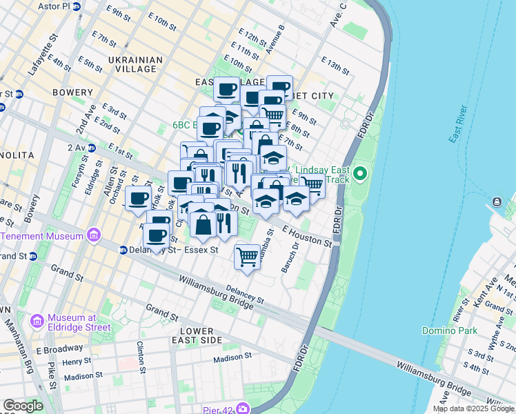 map of restaurants, bars, coffee shops, grocery stores, and more near 274 East 2nd Street in New York