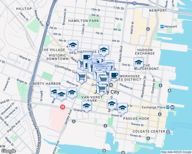 map of restaurants, bars, coffee shops, grocery stores, and more near 332 Barrow Street in Jersey City