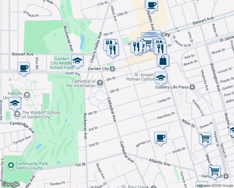 map of restaurants, bars, coffee shops, grocery stores, and more near 86 5th Street in Garden City