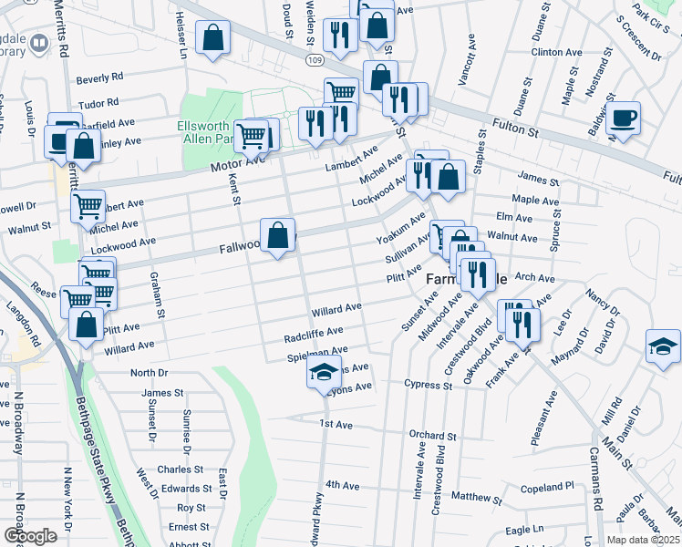map of restaurants, bars, coffee shops, grocery stores, and more near 104 Sullivan Avenue in Farmingdale
