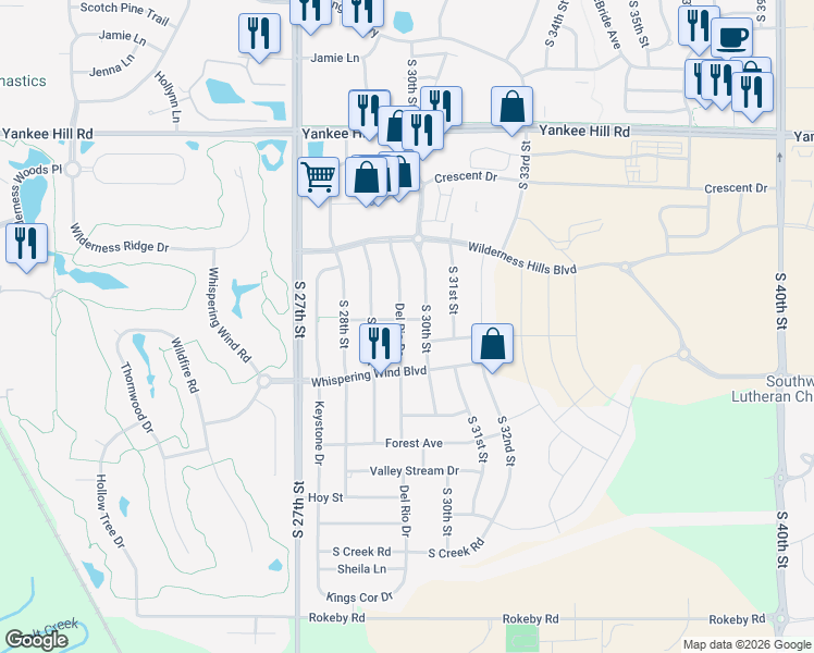 map of restaurants, bars, coffee shops, grocery stores, and more near 9100 Del Rio Drive in Lincoln