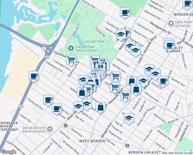 map of restaurants, bars, coffee shops, grocery stores, and more near in Jersey City
