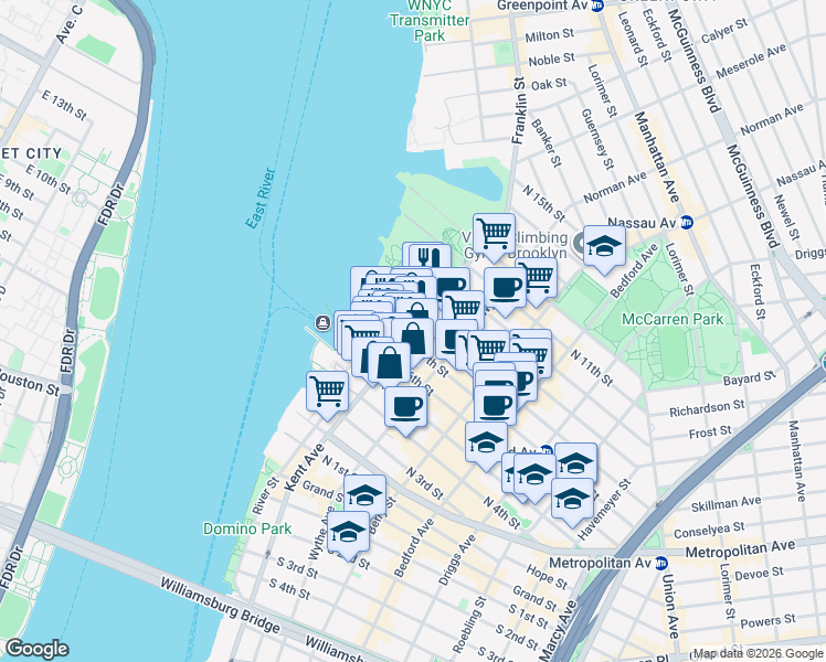map of restaurants, bars, coffee shops, grocery stores, and more near Kent Avenue in Brooklyn
