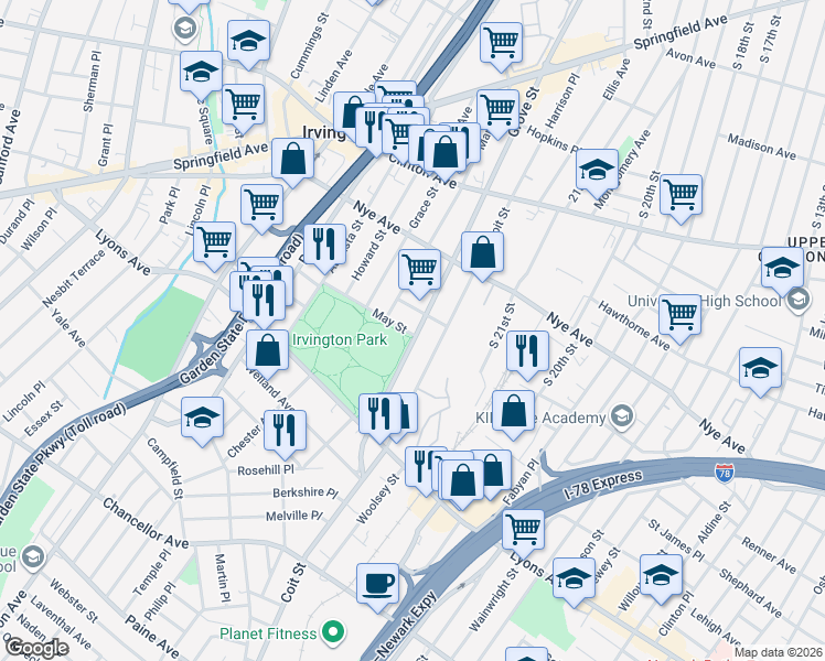 map of restaurants, bars, coffee shops, grocery stores, and more near 3 May Street in Irvington
