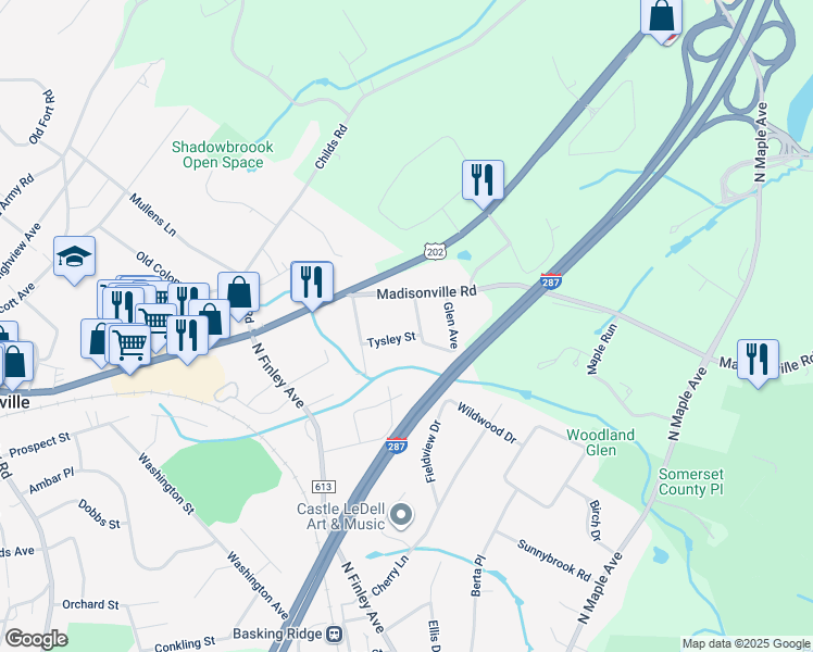 map of restaurants, bars, coffee shops, grocery stores, and more near 10 Tysley Street in Bernards