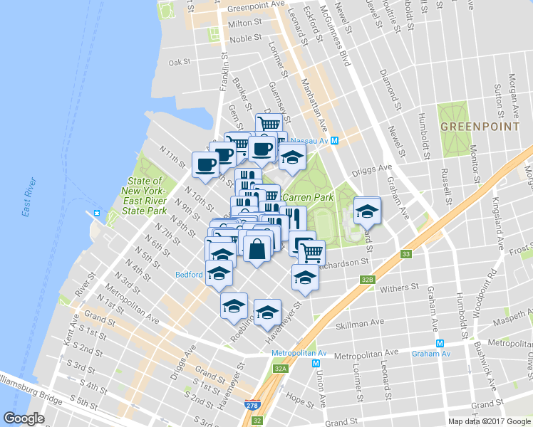 map of restaurants, bars, coffee shops, grocery stores, and more near 180 North 12th Street in Brooklyn