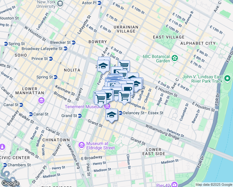 map of restaurants, bars, coffee shops, grocery stores, and more near 143 Ludlow Street in New York